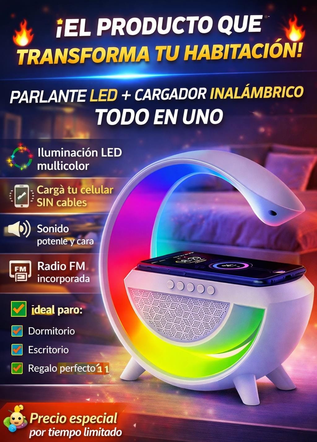 PARLANTE LED CON RADIO Y CARGA INALÁMBRICA