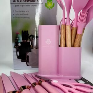 SET DE UTENSILLOS DOBLE DE 19 PCS CON TABLA SILICONA CON BASE DE MADERA