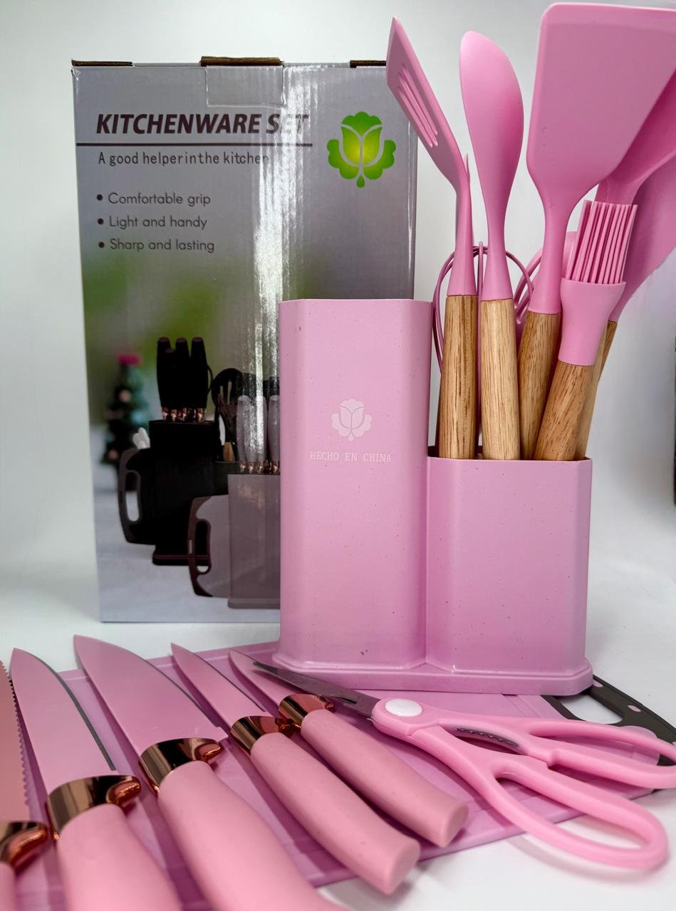SET DE UTENSILLOS DOBLE DE 19 PCS CON TABLA SILICONA CON BASE DE MADERA