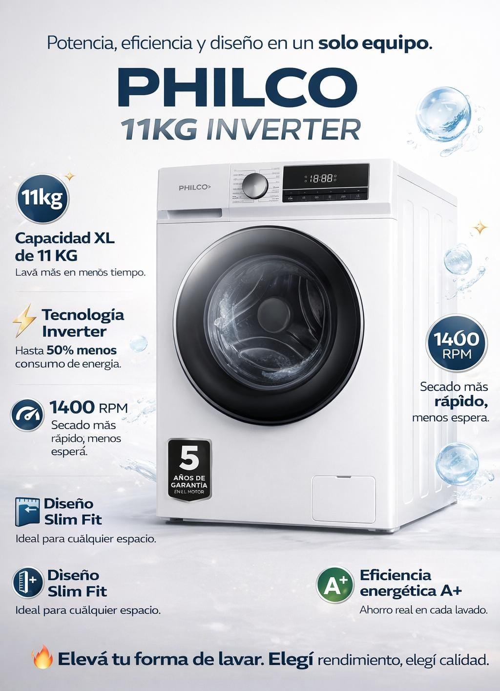 LAVARROPAS PHILCO 11 KILOS 1400RPM
