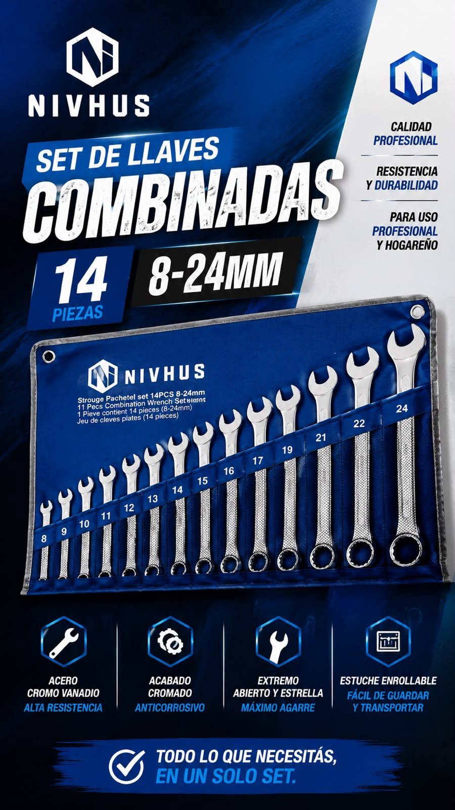 Set de llaves Combinadas 14 piezas NIVHUS 8'25 MM