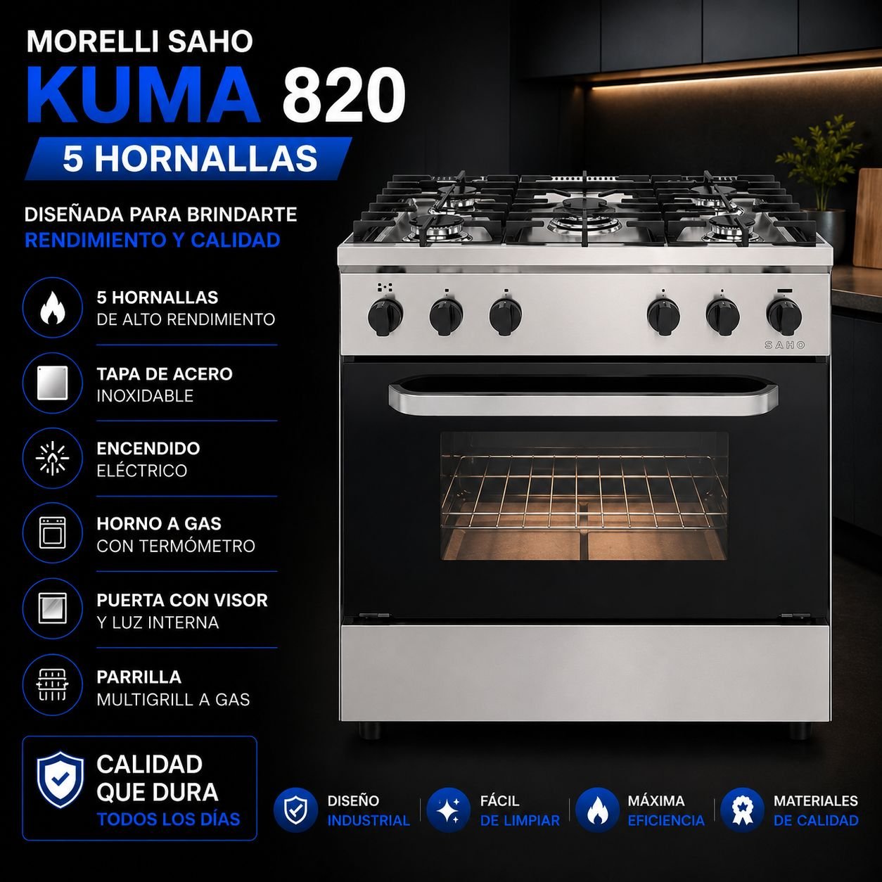 Cocina industrial morelli saho 5 hornallas kuma 820 puerta ciega