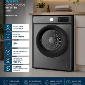 Lavasecarropas 11/6kg Philco carga frontal inverter gris