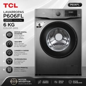 Lavarropas TCL carga frontal 6kg inverter silver