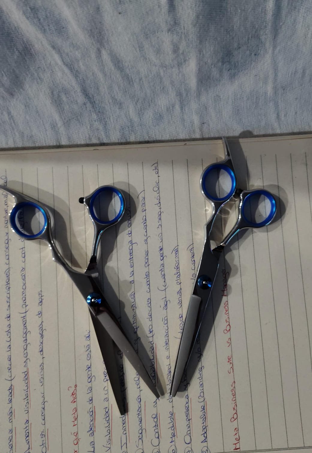 Tijera de corte plateada con estras y detalles Azul