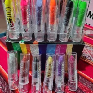 Labiales en barra , flúor y con gliters para maquillaje artístico