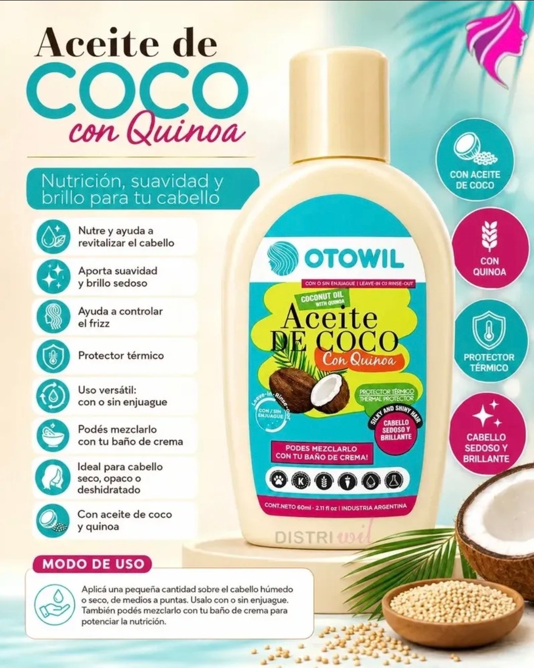 Aceite De Coco Capilar Otowil 60ml Nutricion - Imagen 2