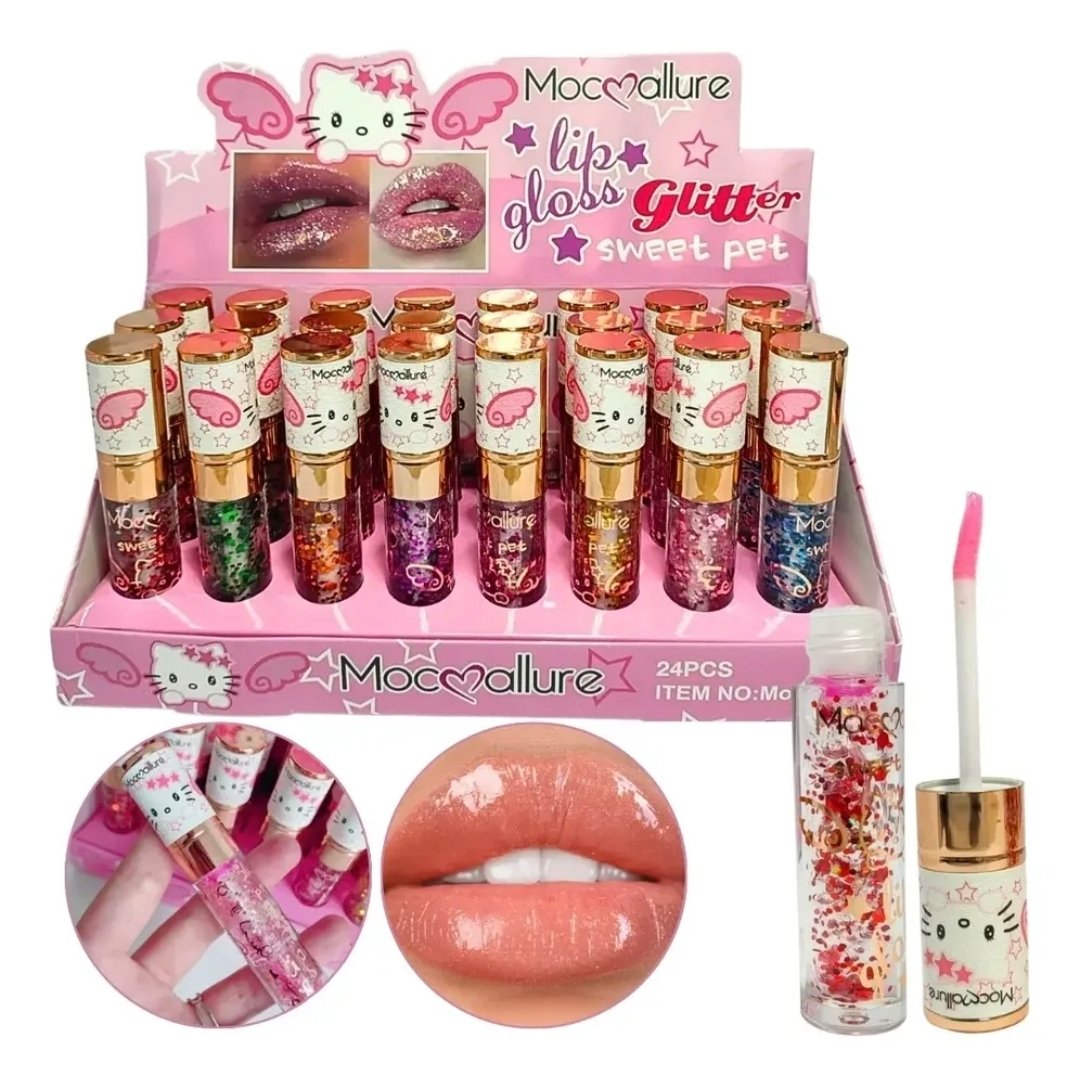 Labial Lip Gloss Hello Kitty Con Destellos Glitter Macallure