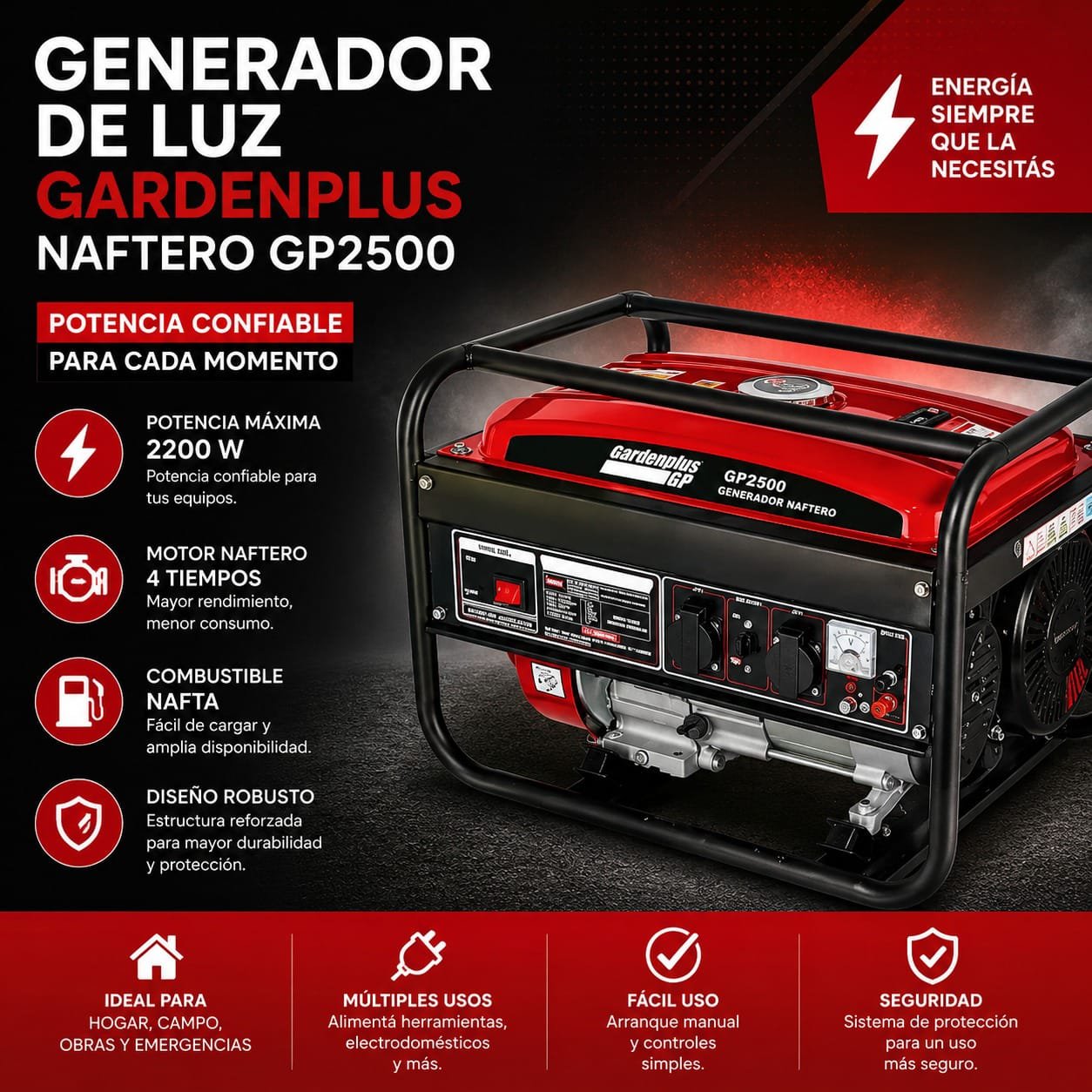 GENERADOR DE LUZ GARDENPLUS NAFTERO GP2500