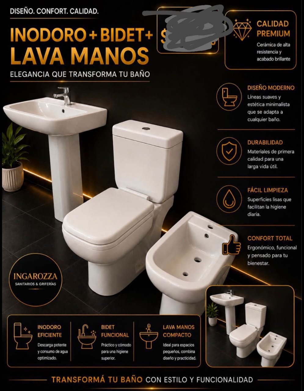 Combo Inodoro + bidet + lava manos